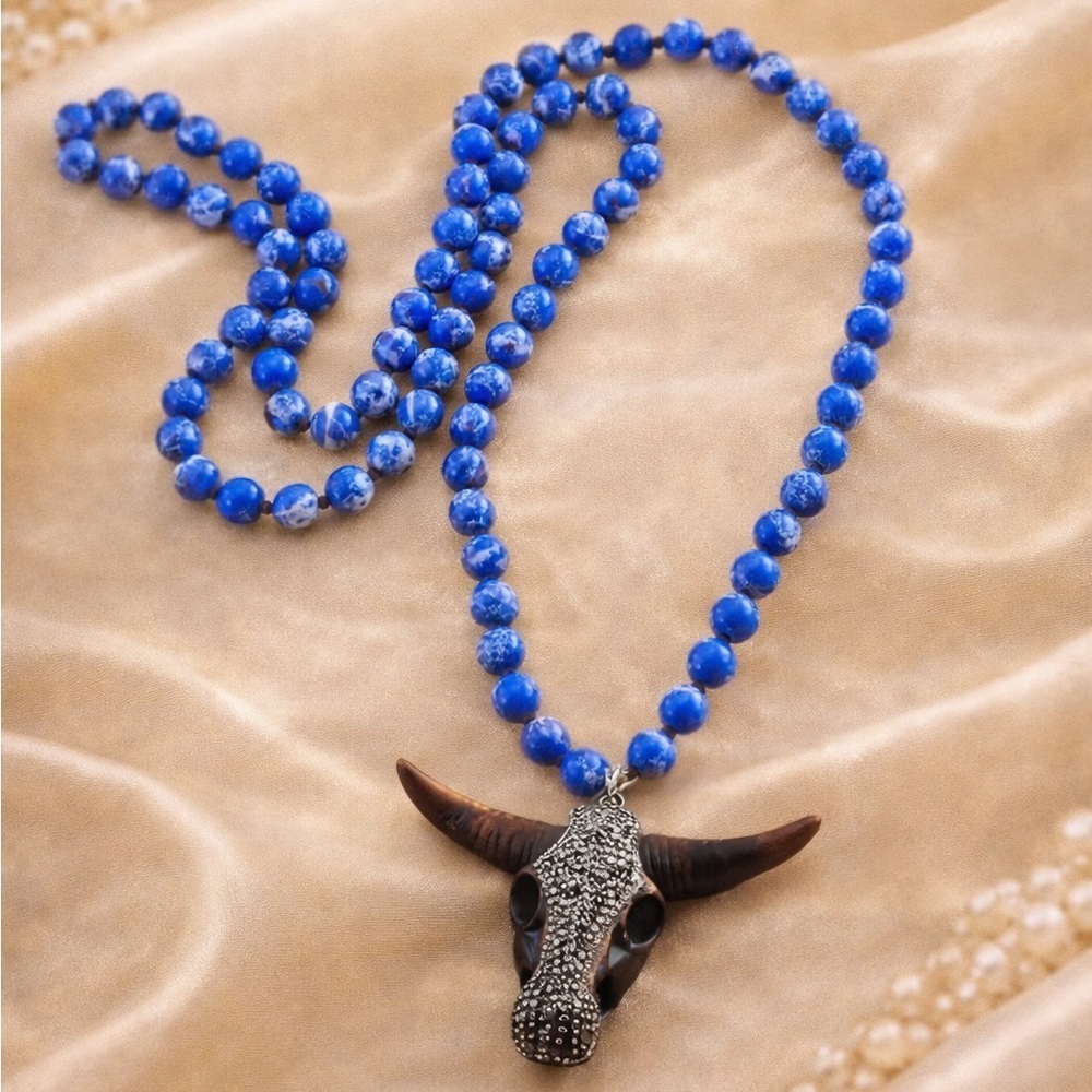 Lapis Lazuli Bull Skull Long Knitted Necklace FINE CRAFTMANSHIP